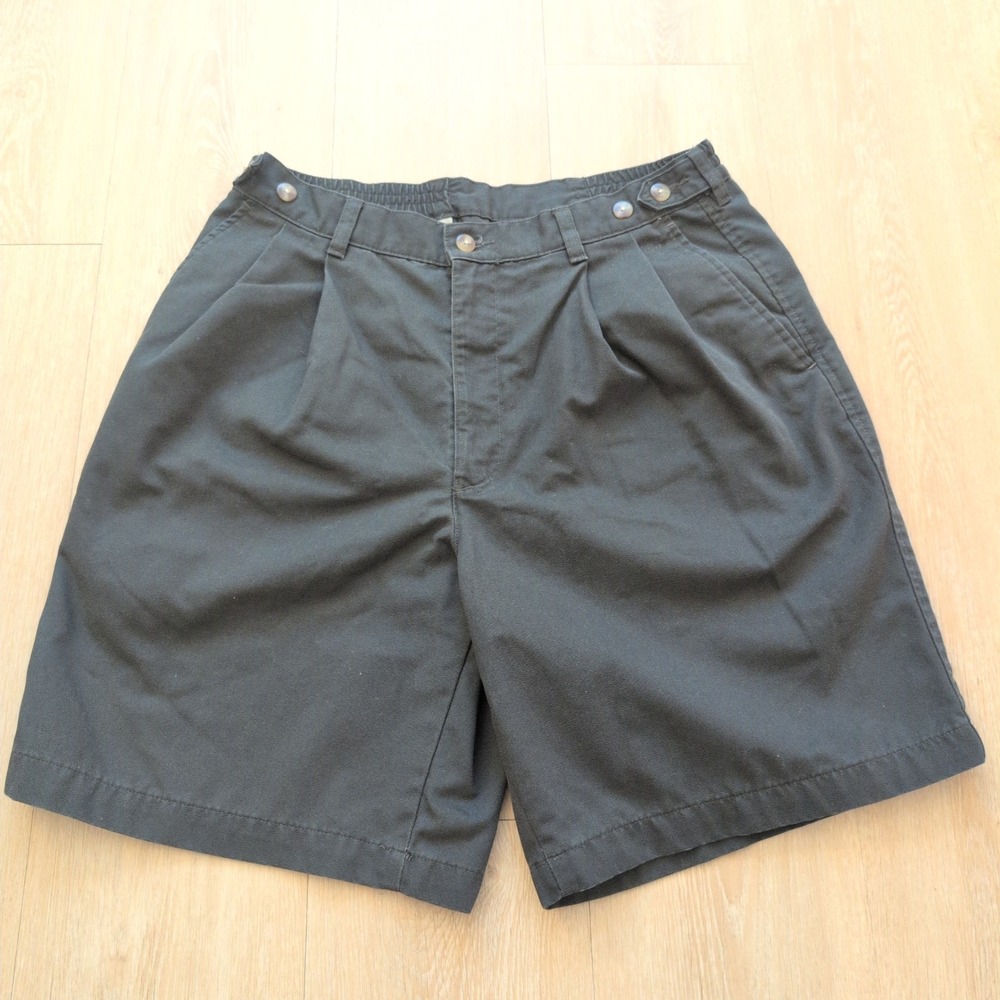 Savane Mens Pleated Chino Shorts Dark Green Elastic Waist Side Button Size 32